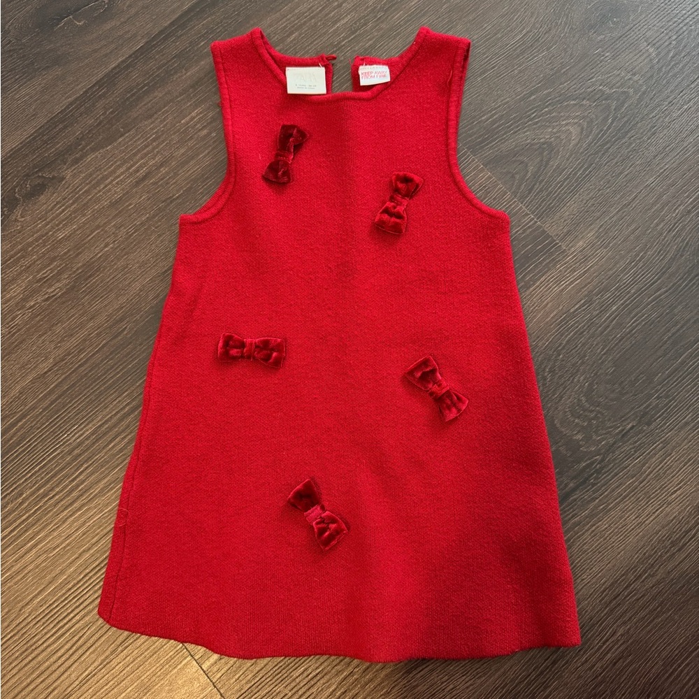 Zara Red Velvet Girls Dress with Bow Detail